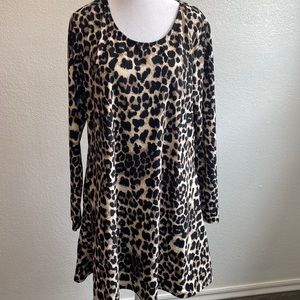 New Swing Tunic Top Cheetah Print Long Sleeve Black Tan Pullover Size L-XL